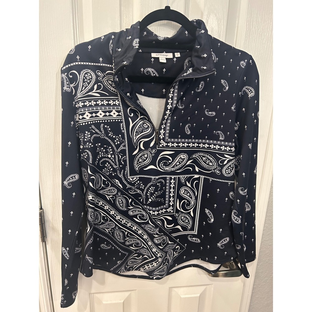 Chico's Pullover Top Navy‎ Blue Paisley Bandana Print Mock Neck Quarter Zip 1 M
